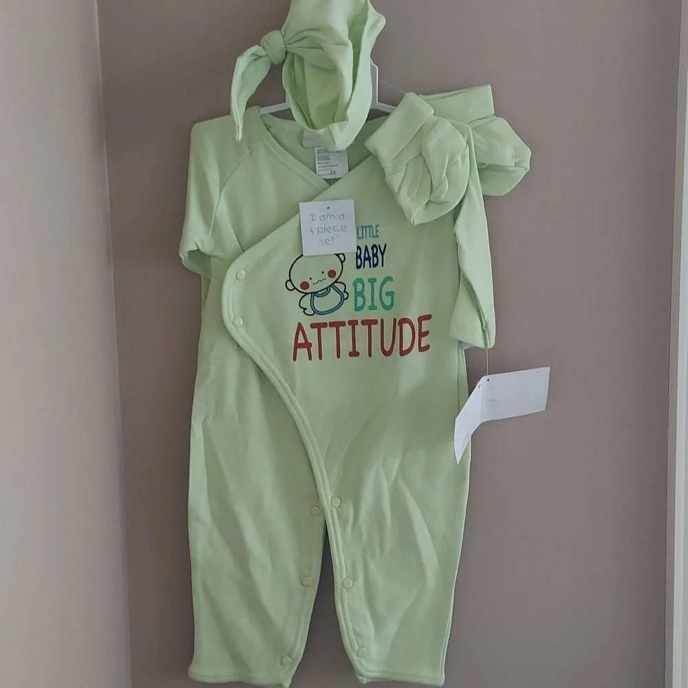 Rumble Tumble 3pc set - bodysuit cap mittens - green baby big attitude - 3-6mos